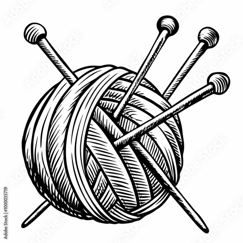 Vintage Yarn Ball with Knitting Needles Illustration in Monochrome Style