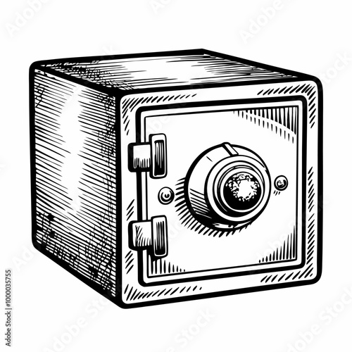 Vintage Hand Drawn Safe with Combination Lock in Black and White