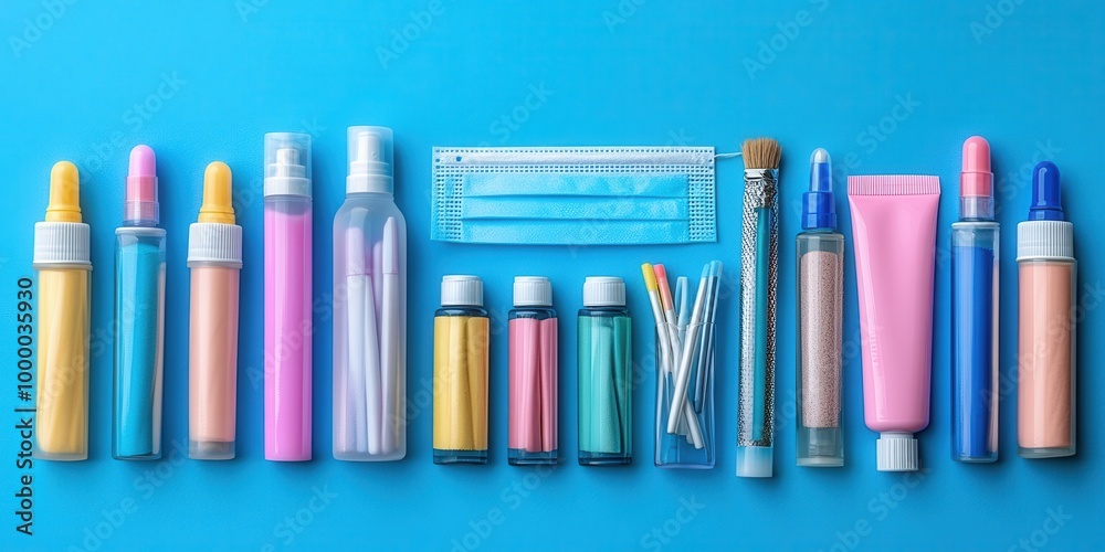 A colorful collection of bottles, tubes, and a brush, arranged on a blue background, revealing a sense of creative possibility and a blend of beauty and practical utility. A colorful collection of bottles, tubes, and a brush, arranged on a blue background, revealing a sense of creative possibility and a blend of beauty and practical utility.