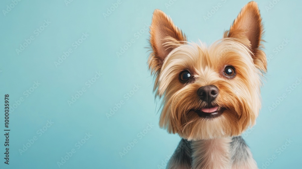 A cheerful Yorkshire Terrier with a bright blue background, showcasing its playful nature. A cheerful Yorkshire Terrier with a bright blue background, showcasing its playful nature.