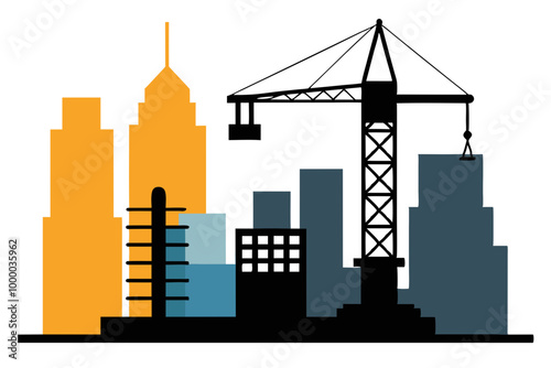 Silhouette Vector of a Construction Crane Building a High-Rise Tower Iconic Skyline in Progress photo