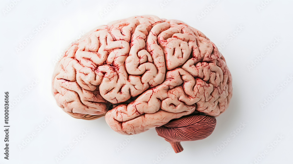 Fototapeta premium Close-up of a human brain model displaying visible age-related changes, including wrinkles and discoloration, on a white background with ample copy space. Focus on the natural aging