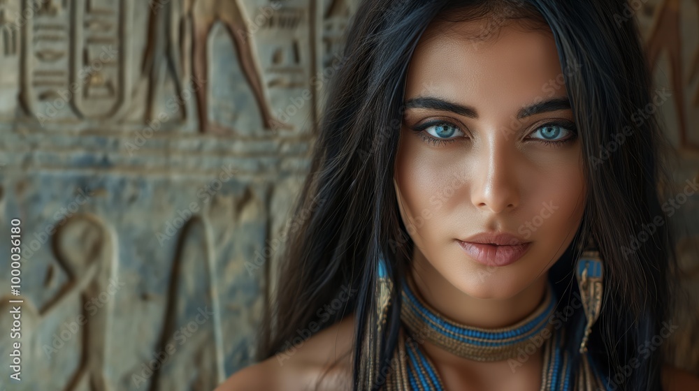 Stunning woman with mesmerizing blue eyes and tribal jewelry, standing in front of Egyptian hieroglyphs carved on an ancient stone wall.