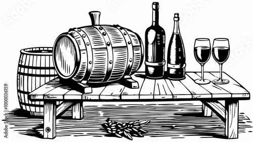 Rustic Wine Barrels and Bottles on Wooden Table Vintage Style Illustration