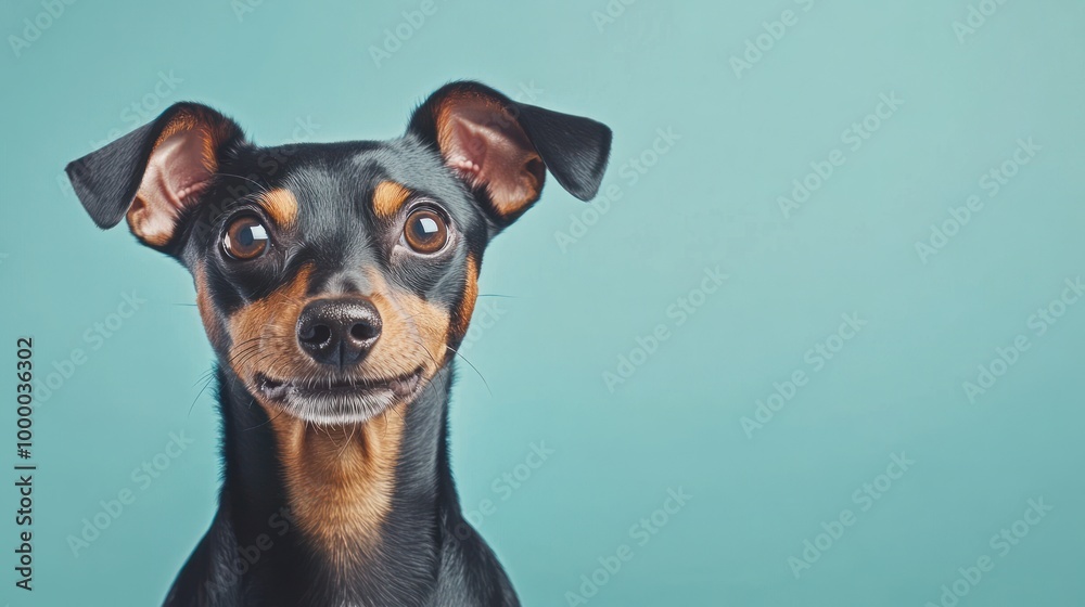 A close-up of a smiling dog against a light blue background. A close-up of a smiling dog against a light blue background.