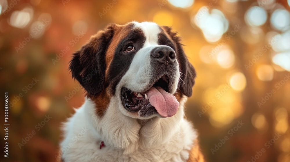 A close-up of a Saint Bernard dog with a joyful expression against a blurred autumn background. A close-up of a Saint Bernard dog with a joyful expression against a blurred autumn background.