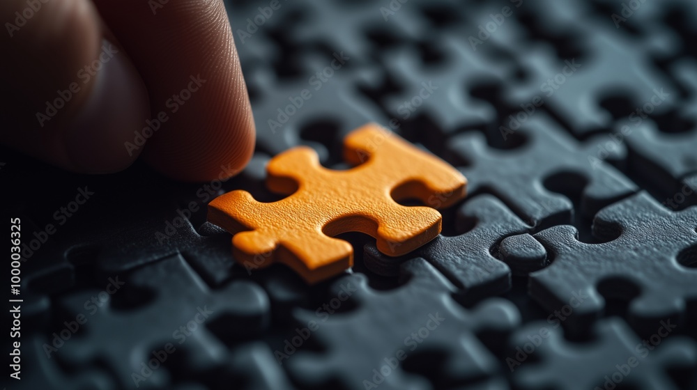 Close-up of an orange puzzle piece fitting into the empty space in gray jigsaw pieces Close-up of an orange puzzle piece fitting into the empty space in gray jigsaw pieces