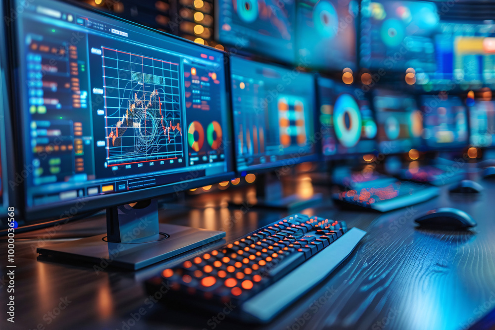 Computer monitors displaying stock data graphs in a modern control room or meeting room, showcasing financial analysis and monitoring. Computer monitors displaying stock data graphs in a modern control room or meeting room, showcasing financial analysis and monitoring.