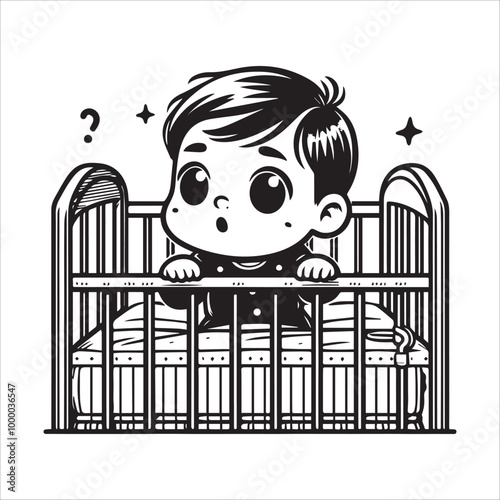 Baby standing in the crib, looking curiously at the surroundings vector illustration silhouette