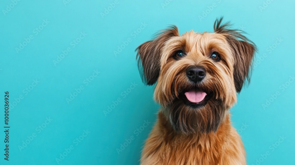 A cheerful dog with a playful expression against a bright turquoise background. A cheerful dog with a playful expression against a bright turquoise background.