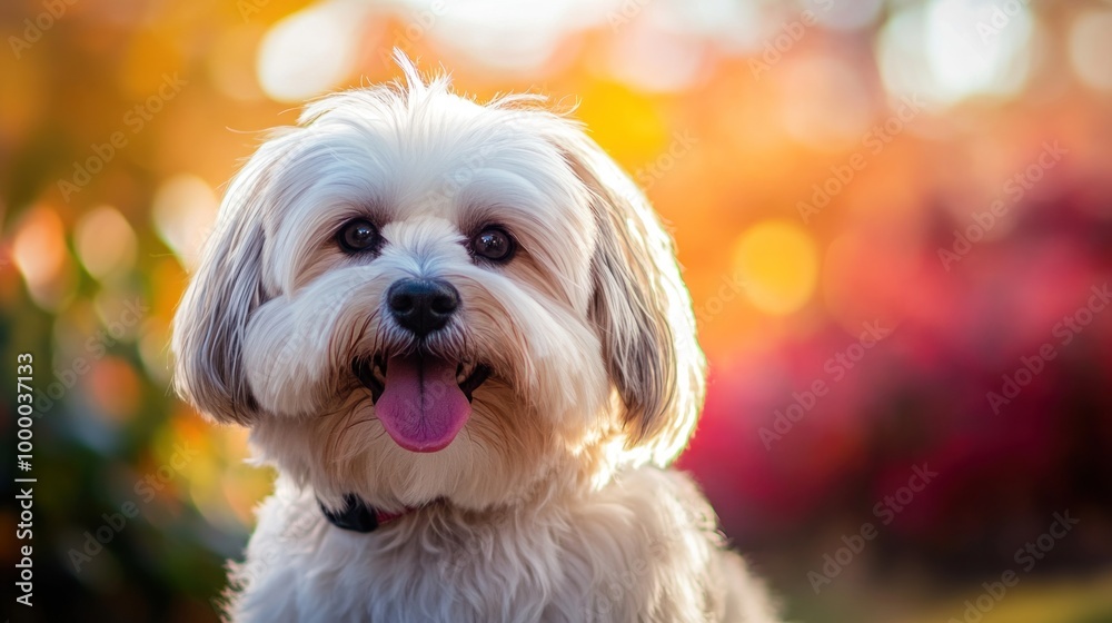 A cheerful dog with a playful expression in a vibrant, colorful outdoor setting. A cheerful dog with a playful expression in a vibrant, colorful outdoor setting.