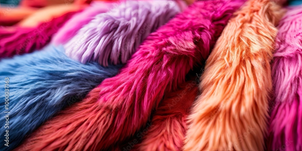 Fototapeta premium A bunch of colorful fur with a pink and orange one in the middle