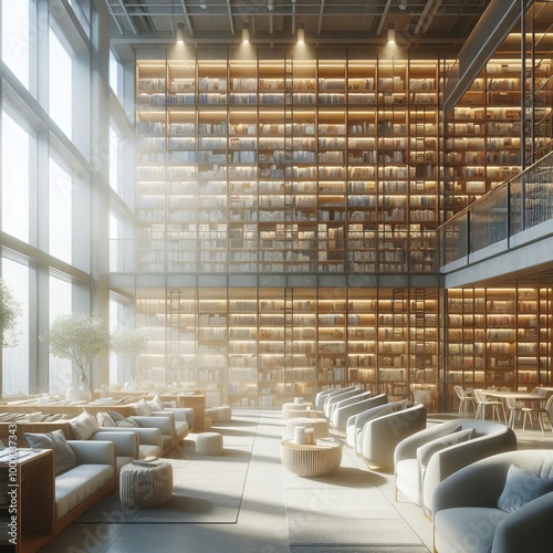 A spacious, sunlit library with towering bookshelves filled with books. Comfortable lounge chairs and seating areas invite relaxation and reading. Natural light floods through large windows, creating photo