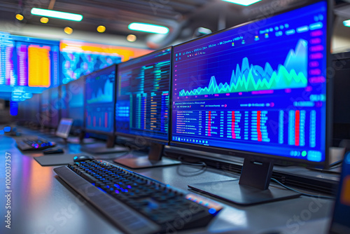 Wallpaper Mural Computer monitors displaying stock data graphs in a modern control room or meeting room, showcasing financial analysis and monitoring. Torontodigital.ca