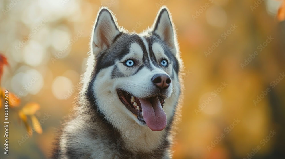 A close-up of a smiling husky with blue eyes against a blurred autumn background. A close-up of a smiling husky with blue eyes against a blurred autumn background.