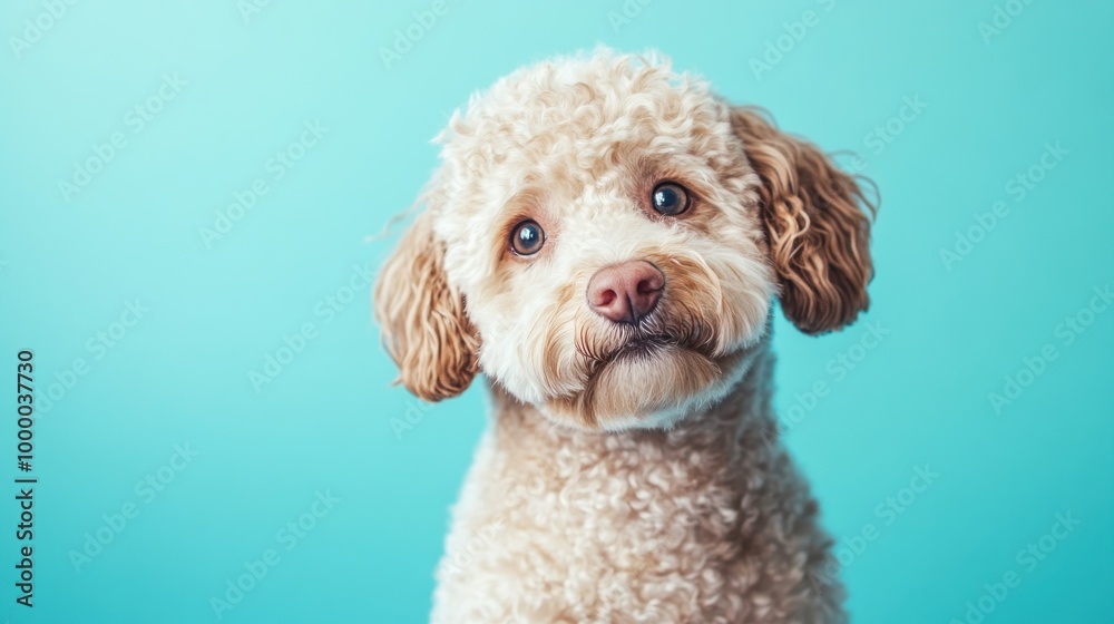 A fluffy, light-colored dog with big eyes and a curious expression against a blue background. A fluffy, light-colored dog with big eyes and a curious expression against a blue background.