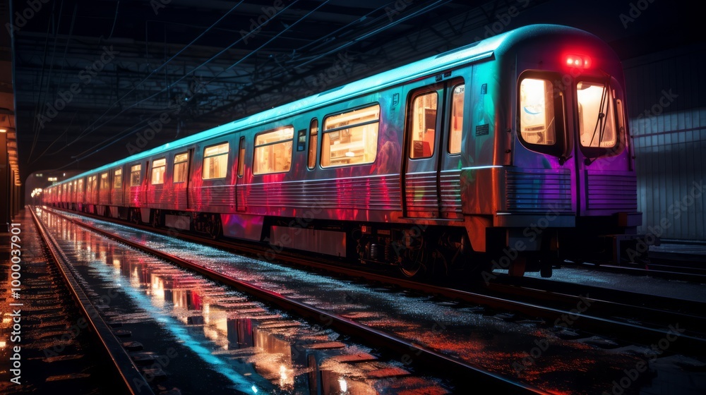 Naklejka premium Commuter train at metro railway station at night. Neural network ai generated art