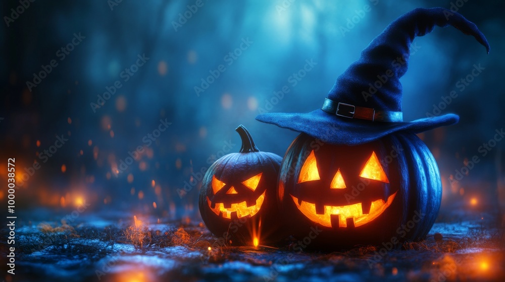 Fototapeta premium Glowing Jack-o'-Lanterns with Witch Hats in a Spooky Halloween Forest