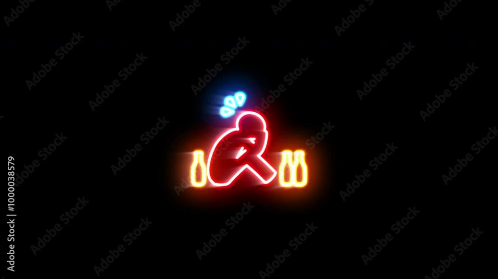 The blinking neon light drunk man crying icon in the black background. The blinking neon light drunk man crying icon in the black background.