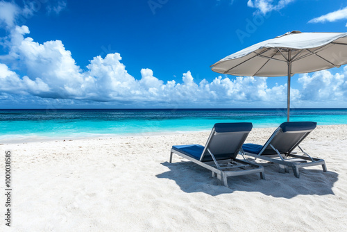 A beach scene with two blue lounge chairs and a umbrella. The chairs are facing the ocean and the umbrella is providing shade. 