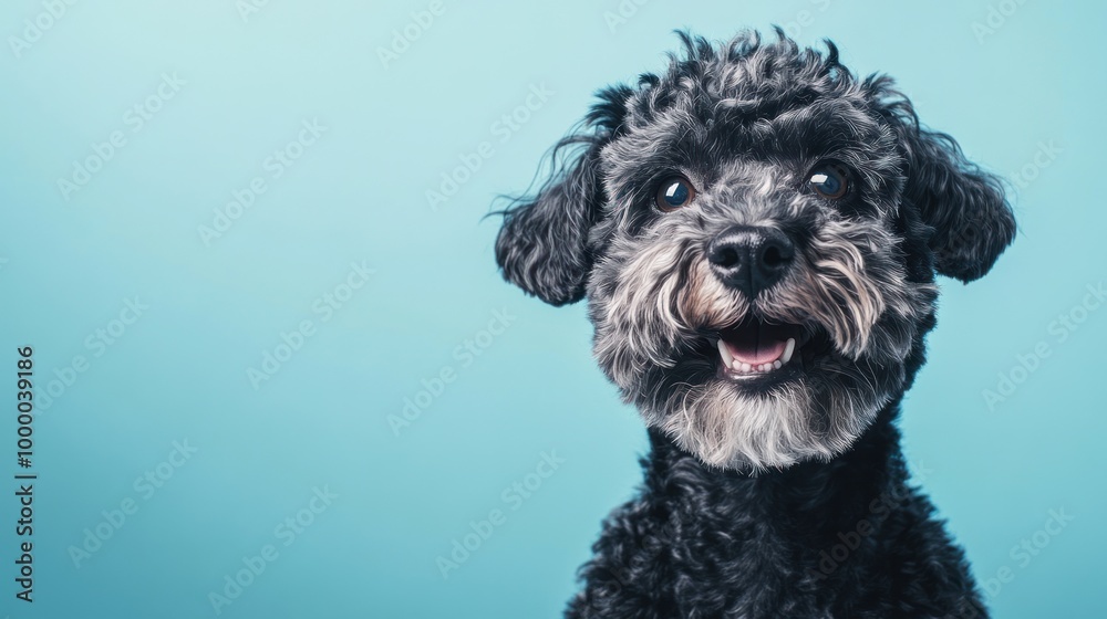 A cheerful black dog with curly fur against a blue background, exuding happiness. A cheerful black dog with curly fur against a blue background, exuding happiness.