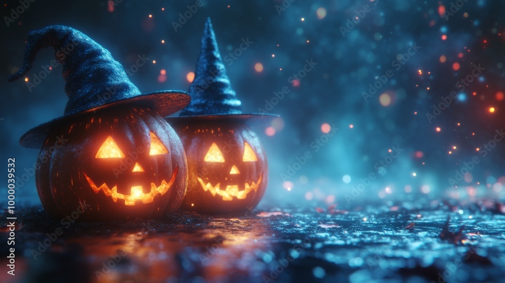 Fototapeta premium Glowing Jack-o'-Lanterns with Witch Hats in a Spooky Halloween Forest