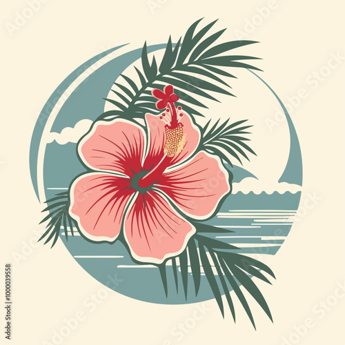 Logo vacaciones en Hawái. Silueta de flor de hibisco con líneas y relleno