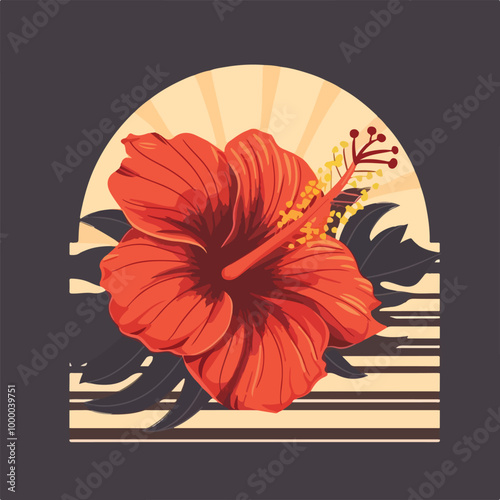 Logo vacaciones en Hawái. Silueta de flor de hibisco con líneas y relleno