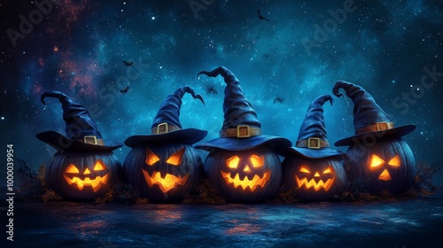 Glowing Jack-o'-Lanterns with Witch Hats in a Spooky Halloween Forest