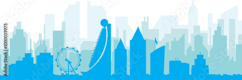 Blue panoramic city skyline poster with bluish misty transparent background buildings of SHARJAH, UNITED ARAB EMIRATES