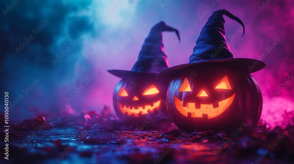Fototapeta premium Glowing Jack-o'-Lanterns with Witch Hats in a Spooky Halloween Forest