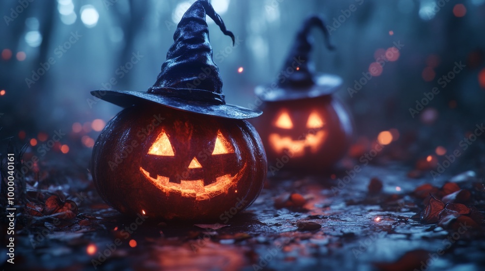Fototapeta premium Glowing Jack-o'-Lanterns with Witch Hats in a Spooky Halloween Forest