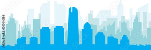 Blue panoramic city skyline poster with bluish misty transparent background buildings of SANTIAGO, CHILE