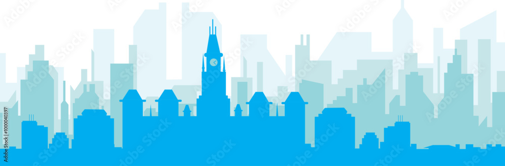 Fototapeta premium Blue panoramic city skyline poster with bluish misty transparent background buildings of OTTAWA, CANADA