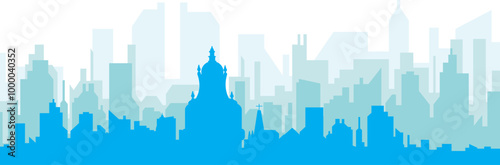 Blue panoramic city skyline poster with bluish misty transparent background buildings of OXFORD, UNITED KINGDOM
