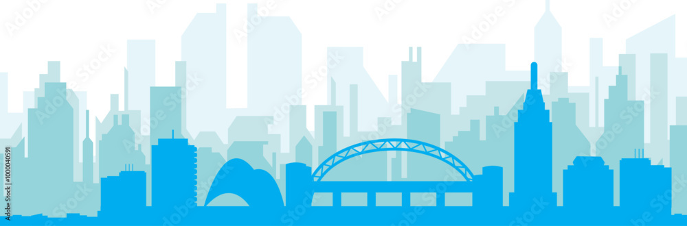 Obraz premium Blue panoramic city skyline poster with bluish misty transparent background buildings of NEWCASTLE, UNITED STATES