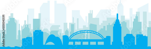 Blue panoramic city skyline poster with bluish misty transparent background buildings of NEWCASTLE, UNITED STATES