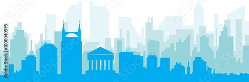 Blue panoramic city skyline poster with bluish misty transparent background buildings of NASHVILLE, UNITED STATES