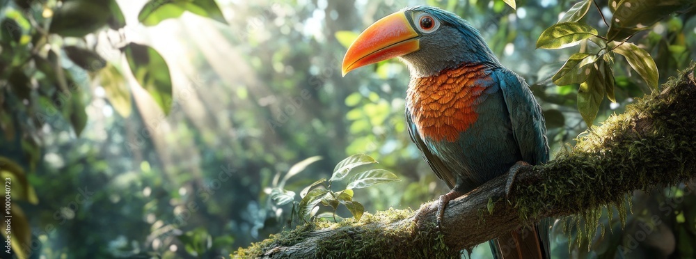 A vibrant bird perched on a mossy branch in a sunlit rainforest. A vibrant bird perched on a mossy branch in a sunlit rainforest.