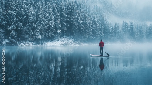 A man doing paddleboarding in still lake water in winter with snow woods photo