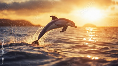 A dolphin leaps from the ocean at sunset, creating a stunning natural scene.