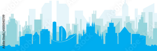 Blue panoramic city skyline poster with bluish misty transparent background buildings of MILAN, ITALY