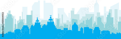 Blue panoramic city skyline poster with bluish misty transparent background buildings of LIVERPOOL, UNITED KINGDOM
