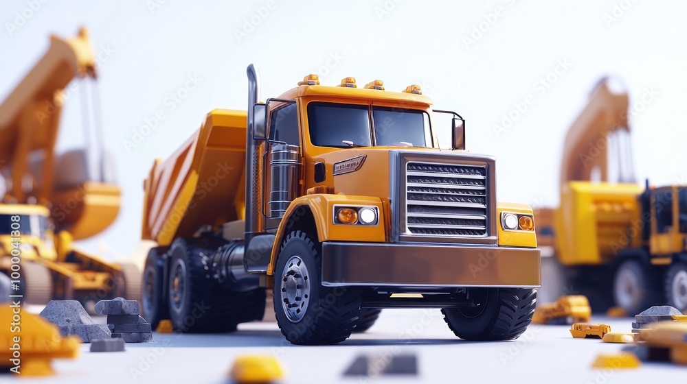A detailed model of a construction truck surrounded by machinery and building materials. A detailed model of a construction truck surrounded by machinery and building materials.