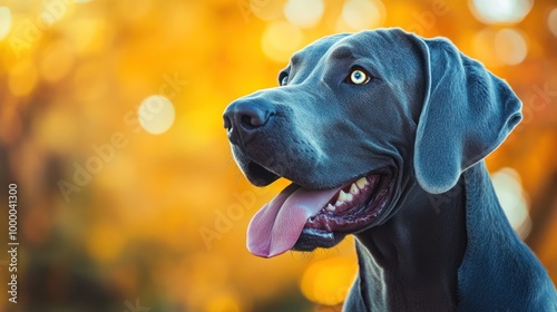 A close-up of a smiling dog against a blurred autumn background. photo