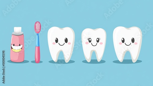 Cute tooth characters accompanied by oral hygiene tools like toothpaste and toothbrush, shown in a flat vector style photo