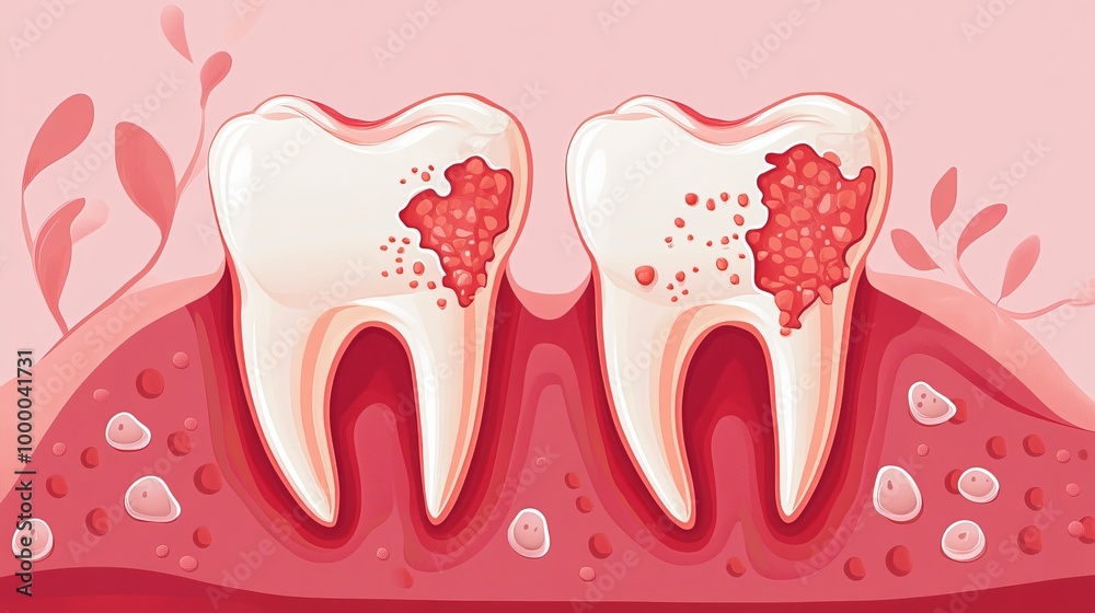 Flat vector illustration highlighting tooth decay and pain in red gums, symbolizing cavities and oral health concerns Flat vector illustration highlighting tooth decay and pain in red gums, symbolizing cavities and oral health concerns