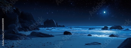 A serene night beach scene with stars and moonlight reflecting on the water.