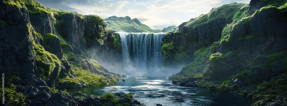 Fototapeta premium A serene waterfall surrounded by lush greenery and rocky cliffs under a bright sky.