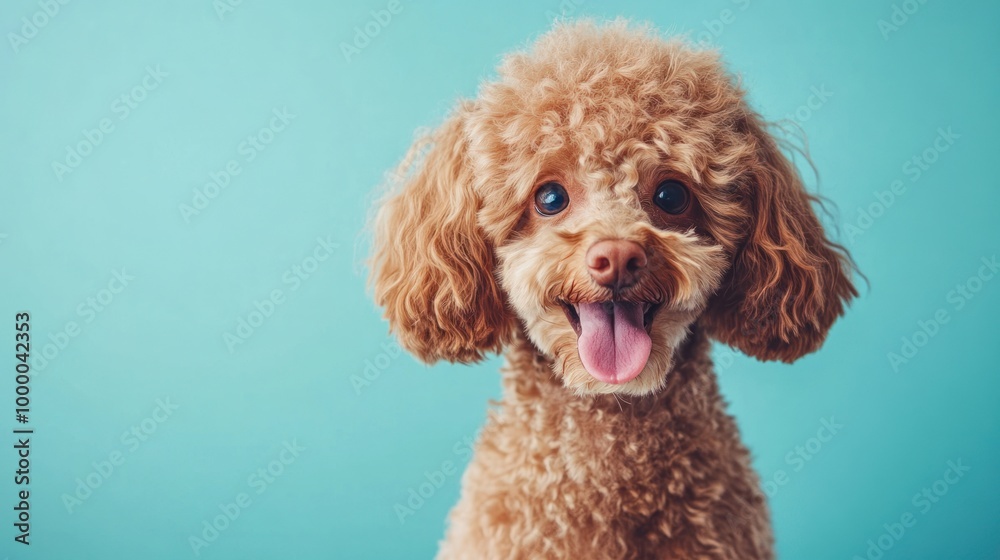 A cheerful brown poodle with curly fur and a happy expression against a blue background. A cheerful brown poodle with curly fur and a happy expression against a blue background.